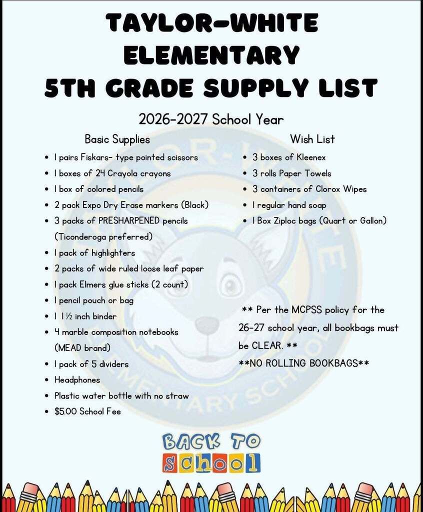 Taylor-White Elementary Supply List for Grade 5