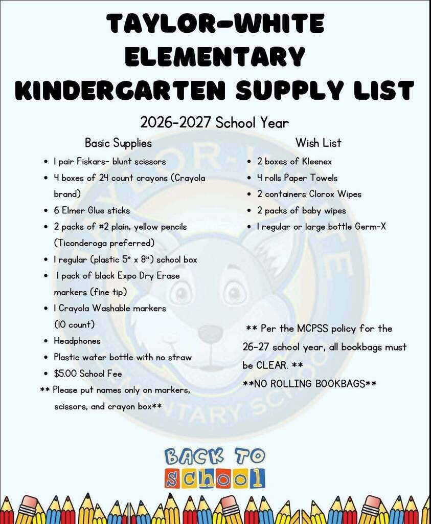 Taylor-White Elementary Supply List for Grade K