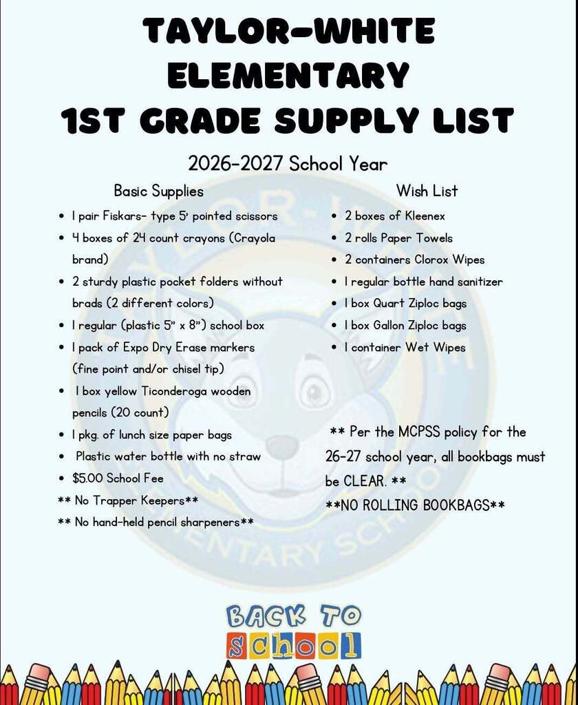 Taylor-White Elementary Supply List for Grade 1