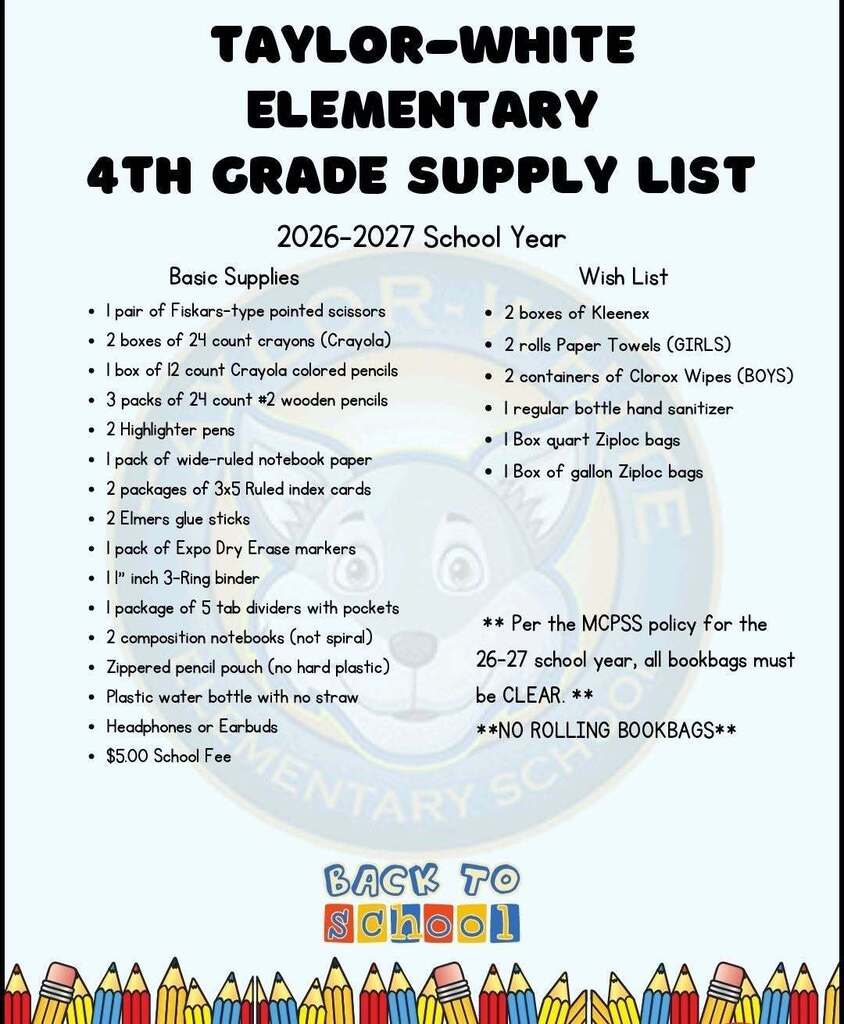 Taylor-White Elementary Supply List for Grade 4