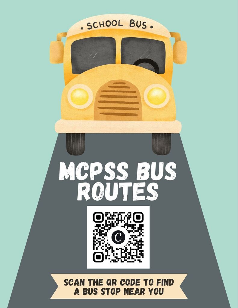 A yellow school bus on a road with "MCPSS BUS ROUTES" text and a QR code for finding bus stops.