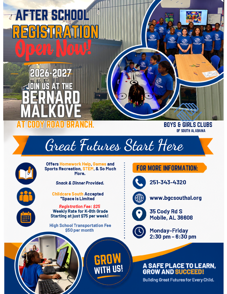 Flyer displays "After School Registration Open Now!" for 2026-2027. It features Bernard Maldkove Branch details, with images of children in blue uniforms.