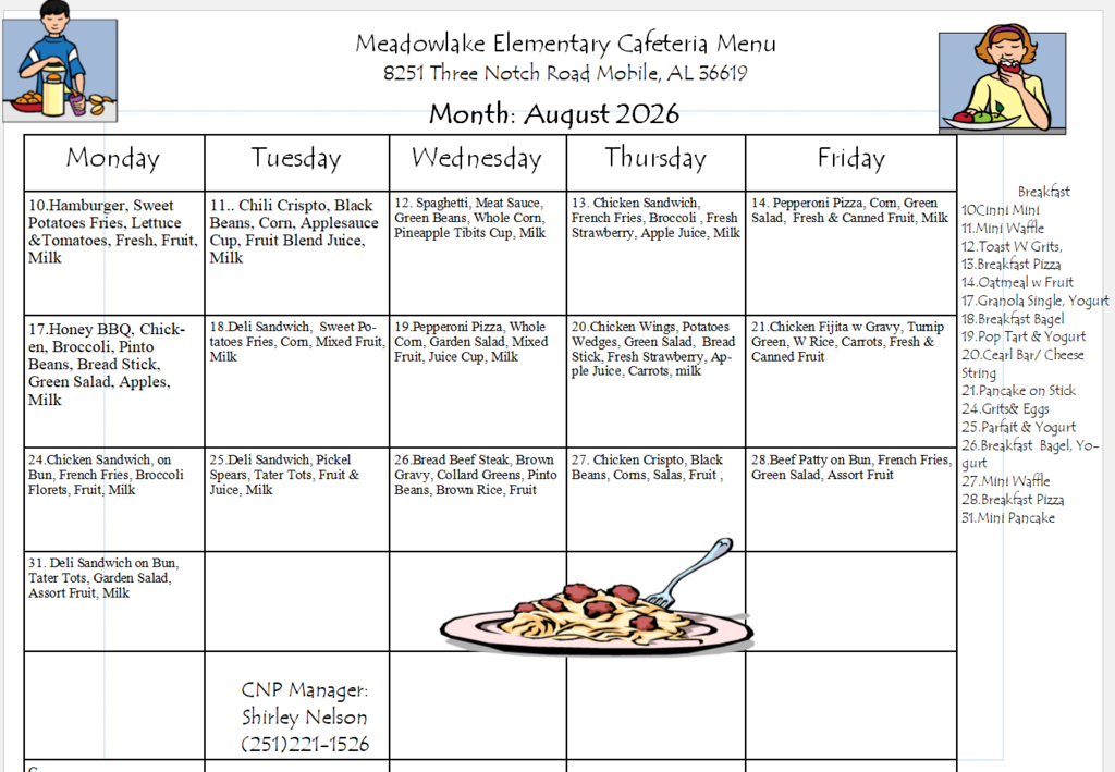 August lunch menu