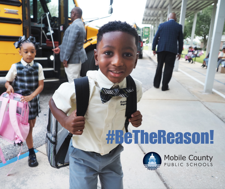A boy getting off a bus with a backpack, and the hashtag #BeTheReason