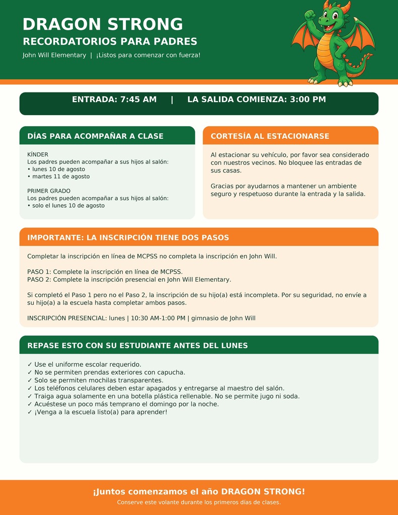 A document with green and orange sections contains headings such as "Dragon Strong" and "KINDER PARA ACOMPAÑAR A CLASE." It includes instructions, schedules, and contact details.