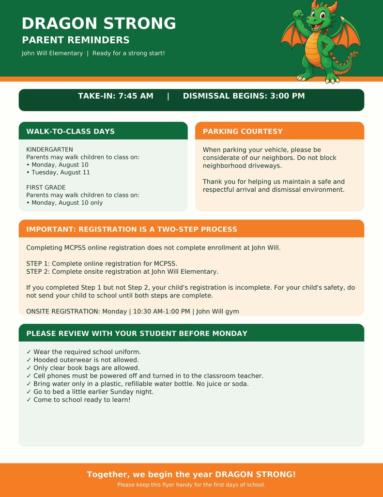 A colorful flyer displays the text "Dragon Strong" and "Parent Reminders" at the top. Details include kindergarten class times, parking information, and online registration steps.