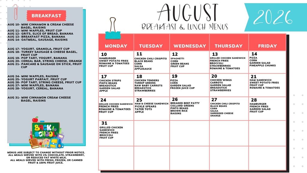 An August 2022 calendar with breakfast and dinner menus displayed for the entire month.