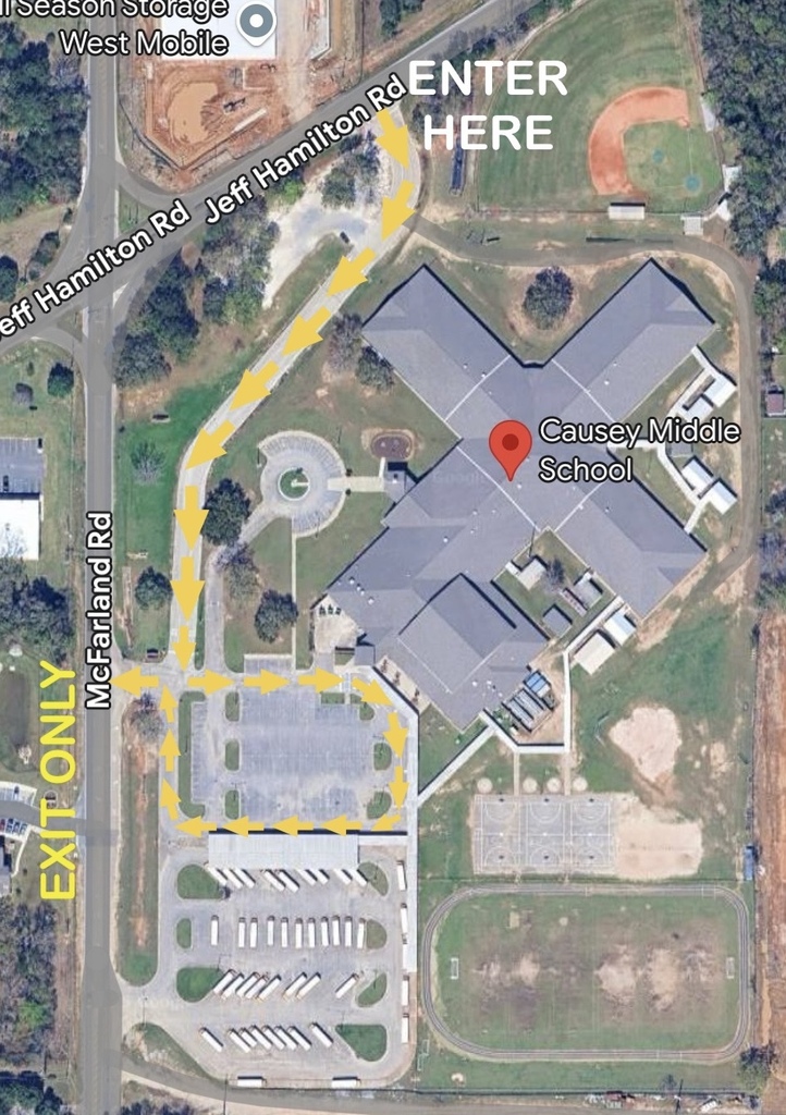 Aerial view of a school campus. A red pin marks a building named Causey Middle School. Arrows indicate entrance and exit routes.