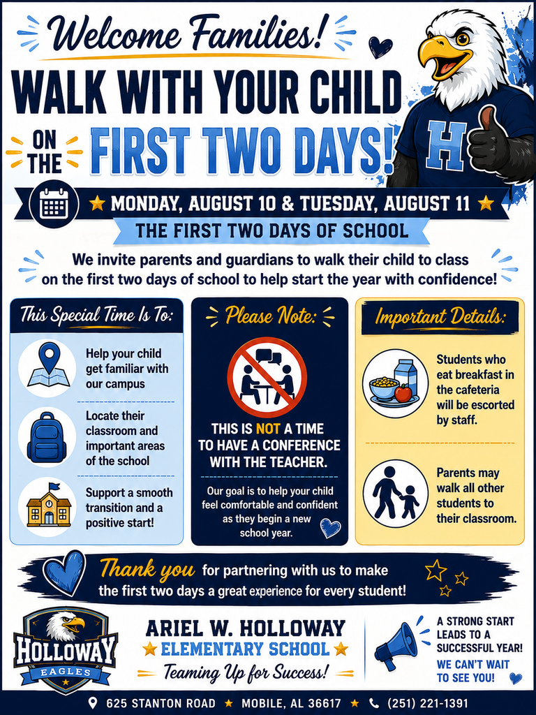 Poster invites families to walk children to class on first two school days. Features icons of an eagle, school, and students.