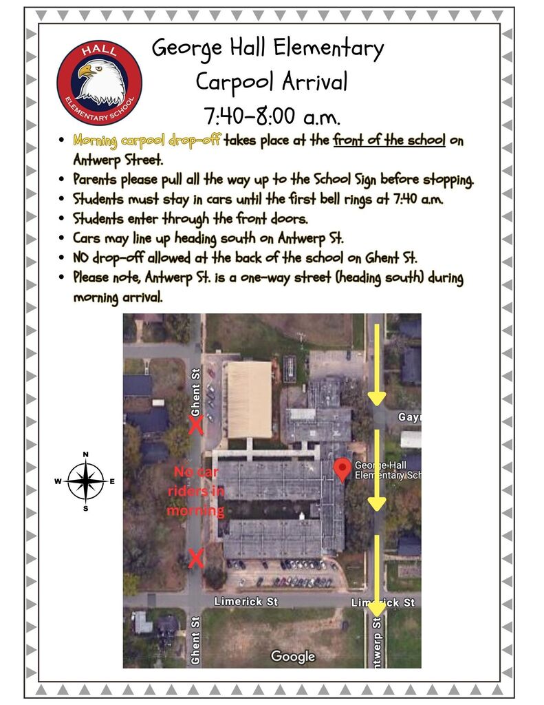 A map showing the George Hall Elementary Carpool Arrival with arrows indicating drop-off and no drop-off zones.
