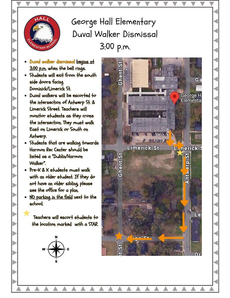 A map and instructions for the dismissal of students from Duval Walker Elementary at 3:00 p.m.