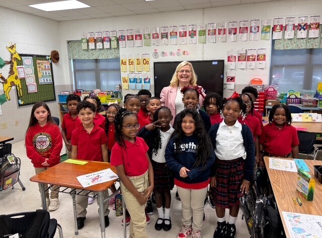 A teacher with her class at Spencer-Westlawn Elementary
