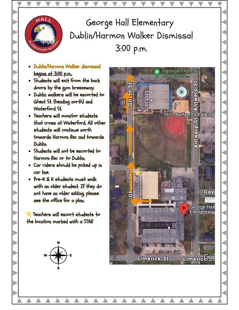 A map showing the dismissal instructions for George Hall Elementary in Dublin, with text details for walkers and car riders.