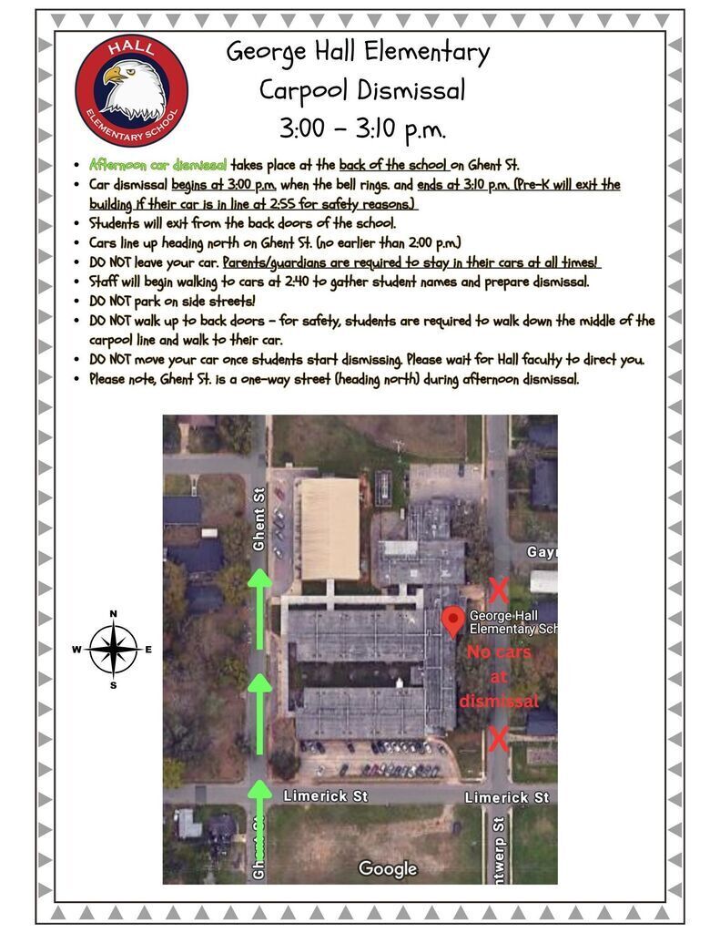 A map of George Hall Elementary School. It shows a campus with a parking area and an arrow pointing to a specific location.