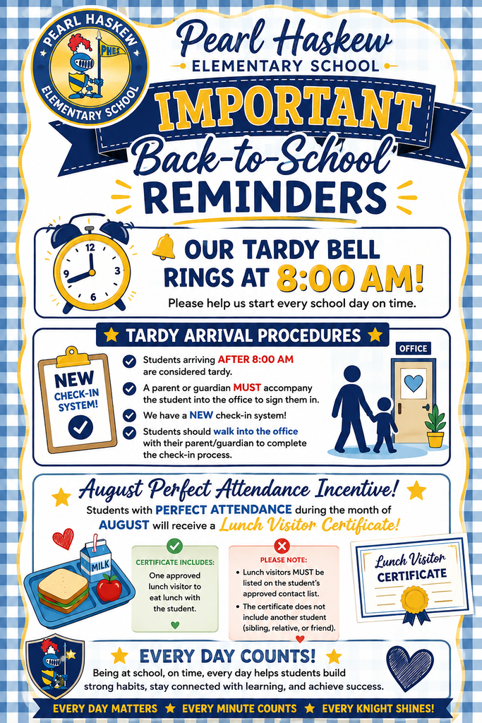 An informational back-to-school graphic. The top reads "Important Back-to-School Reminders". There is a bell, and text states the bell rings at 8:00 AM.