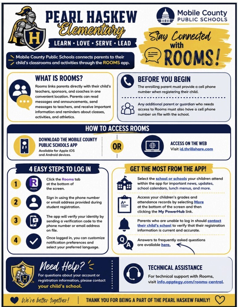 An infographic titled "Pearl Haskew Elementary" shows how to use the ROOMS app for communication. It includes steps for downloading the app, accessing it via the web, and logging in.