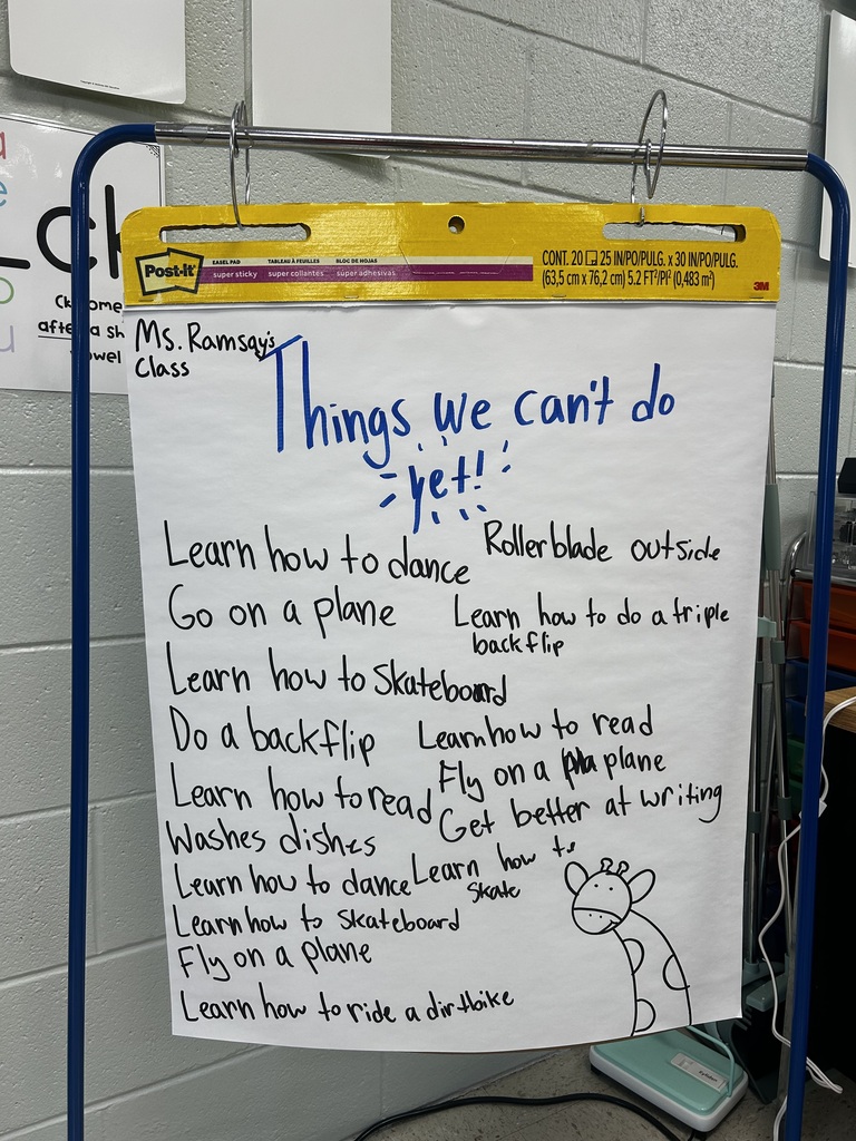 Today Miss Ramsay’s class read “Giraffes Can’t Dance”. They talked about what it means to have a growth mindset and made a list of everything they can’t do yet, but want to do. Students then learned how to draw their own giraffe!
