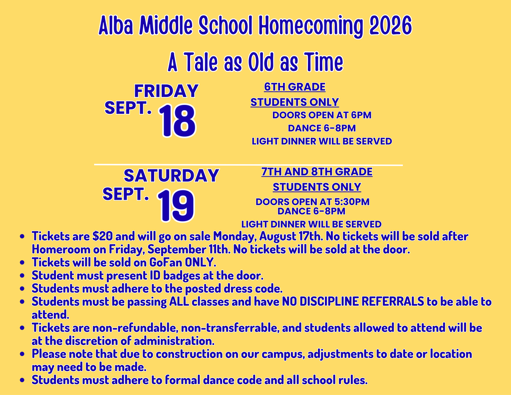 A poster with text and dates for Alba Middle School Homecoming 2026. Dates include September 18 and 19.