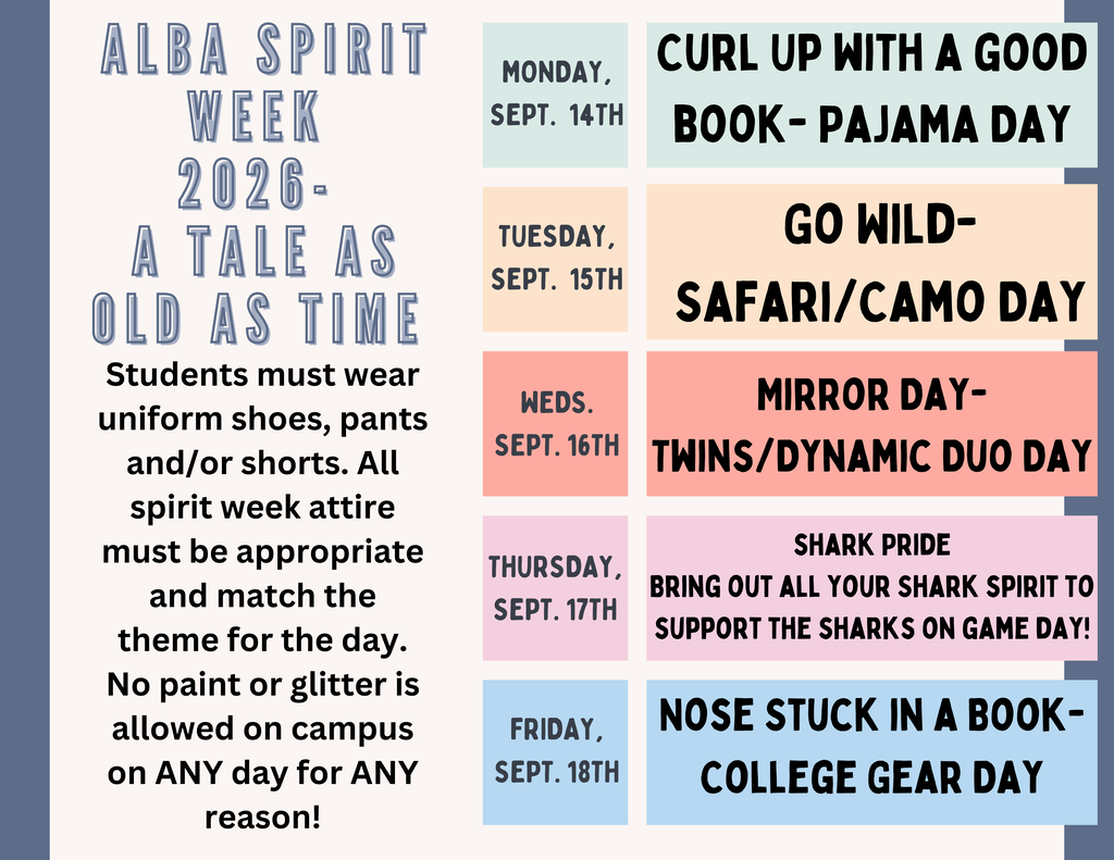 Text reads "Alba Spirit Week 2026: A Tale as Old as Time" with a schedule of themed days.