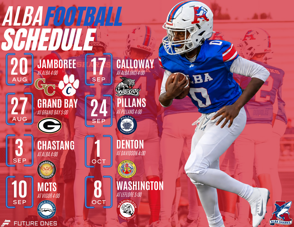 Red background displays "Alba Football Schedule" with dates and opponent logos. A player in blue and white runs with a ball.