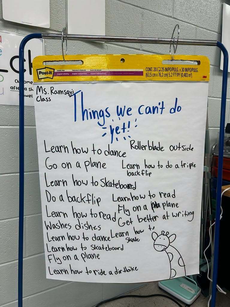 A sheet of poster paper with a list of "Things We Can't Do Yet"