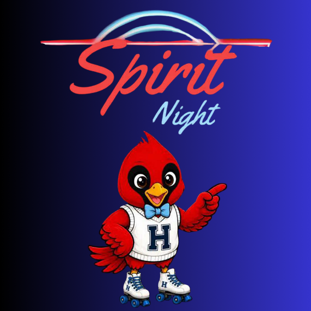 Black and blue background with the text Spirit Night and an animated Hutchens Cardinal wearing roller skates pointing at the text.