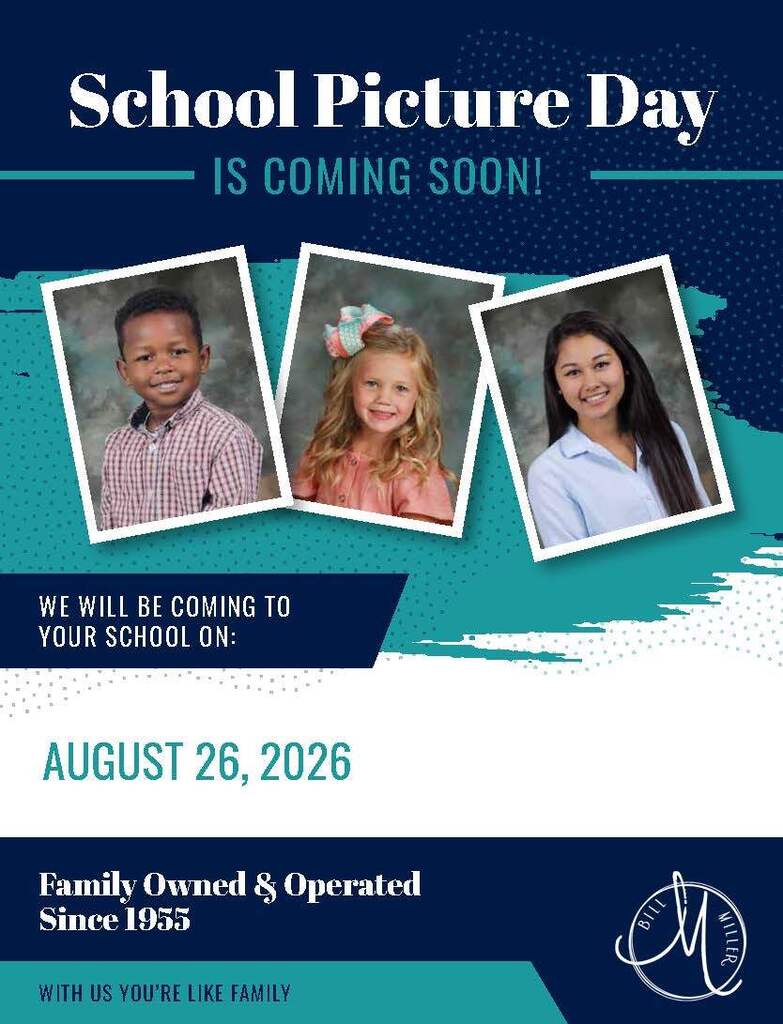 An ad for School Picture Day with three photos of children. The date is August 26, 2026.