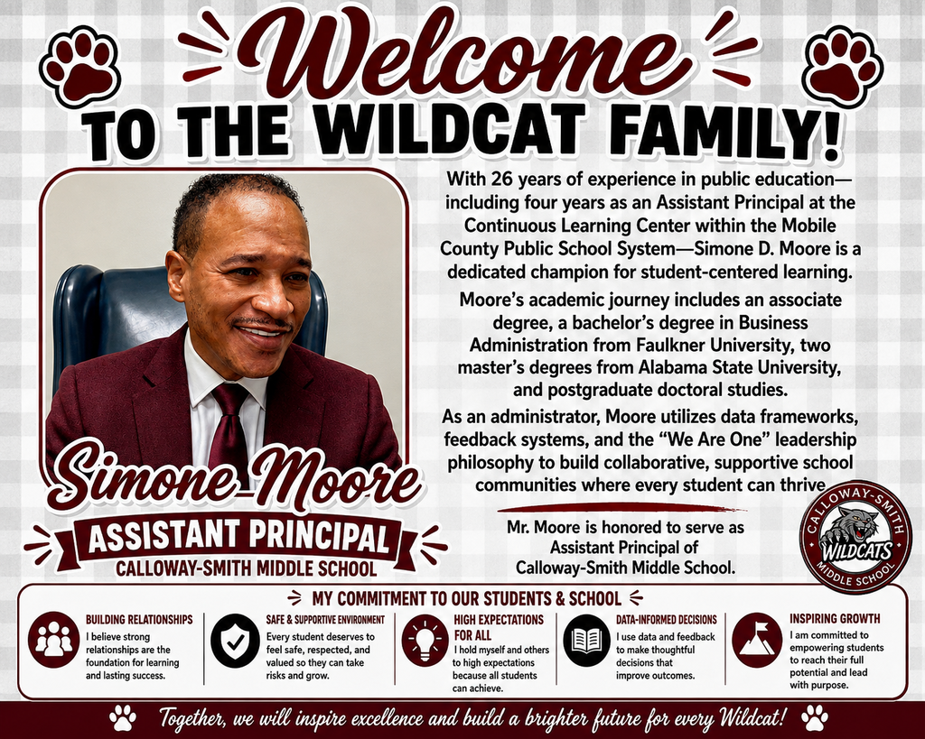 An flyer featuring Simone Moore, Assistant Principal, with a paw print design. Moore wears a maroon suit and tie, smiling.