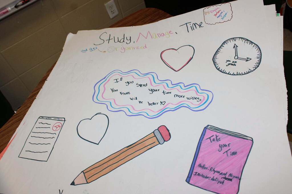 A poster that reads "Study, manage time"