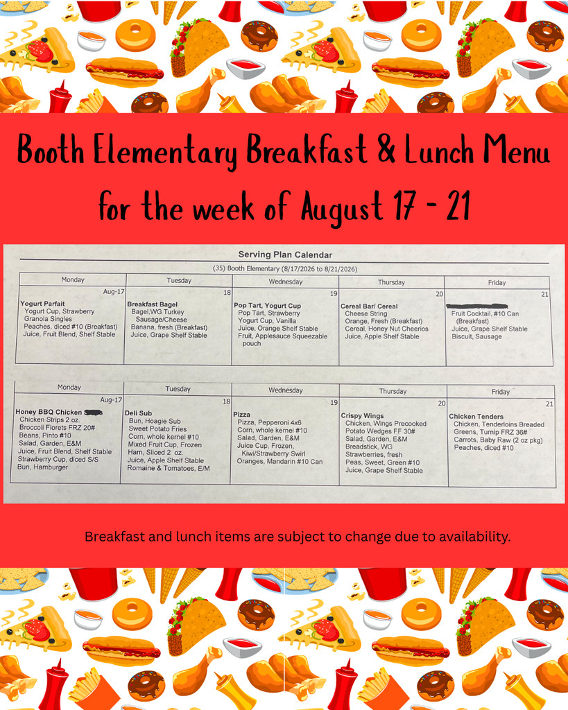 Menu of breakfast and lunch items for the week of August 17–21