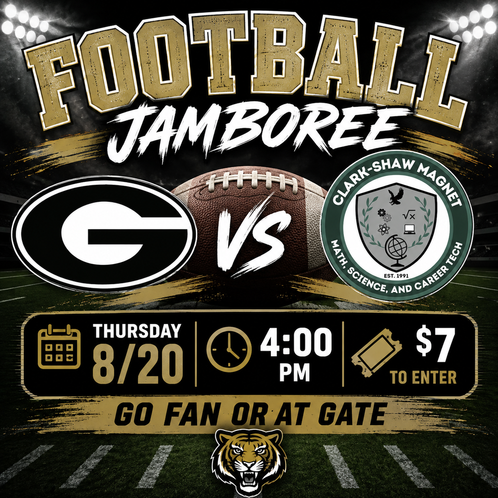 🏈 FOOTBALL JAMBOREE! 🏈  Come out and support the Grand Bay Tigers as we take on Clark-Shaw Magnet this Thursday!  📅 Thursday, August 20 ⏰ 4:00 PM 🏟️ Grand Bay Middle 🎟️ $7 Admission — purchase through GoFan or at the gate  🚨 IMPORTANT GAME-DAY INFORMATION: We will be following MCPSS game-day and security policies, including the clear bag policy and other security procedures that MCPSS has put in place.  Please plan ahead, bring only approved bags/items, and be prepared for security procedures at the entrance. Your cooperation will help us get everyone into the stadium safely and efficiently.  Come out, pack the stands, and LET'S GO TIGERS! 🐯🏈  Grand Bay vs. Clark-Shaw Magnet — Thursday at 4:00 PM!