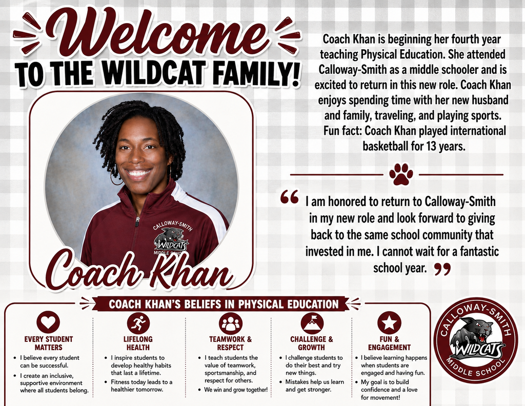 A graphic displays Coach Khan, smiling, with text about her being a PE teacher at Calloway-Smith.