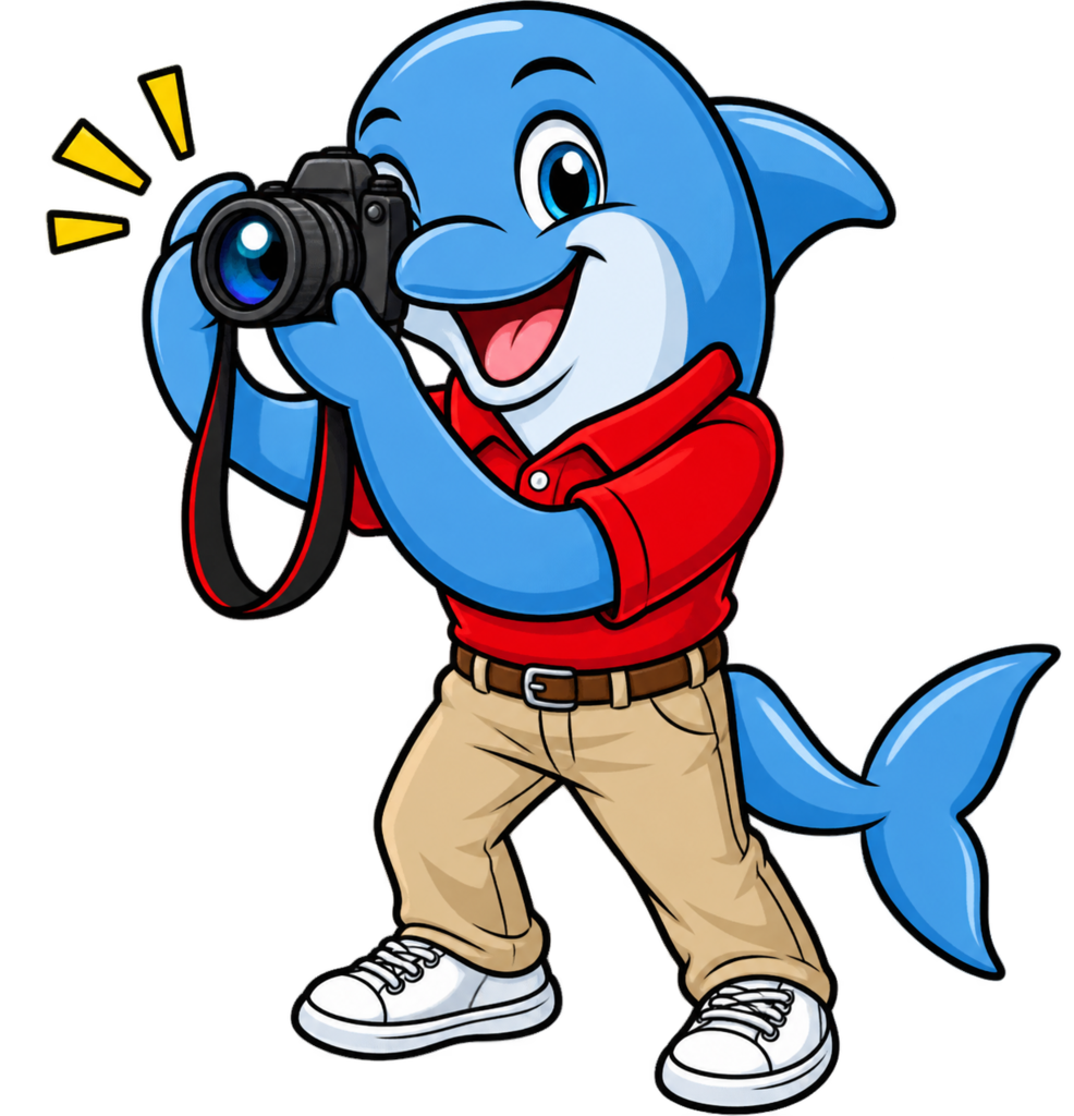 A cheerful dolphin character holds a camera, wearing a red shirt, khaki pants, and white sneakers.