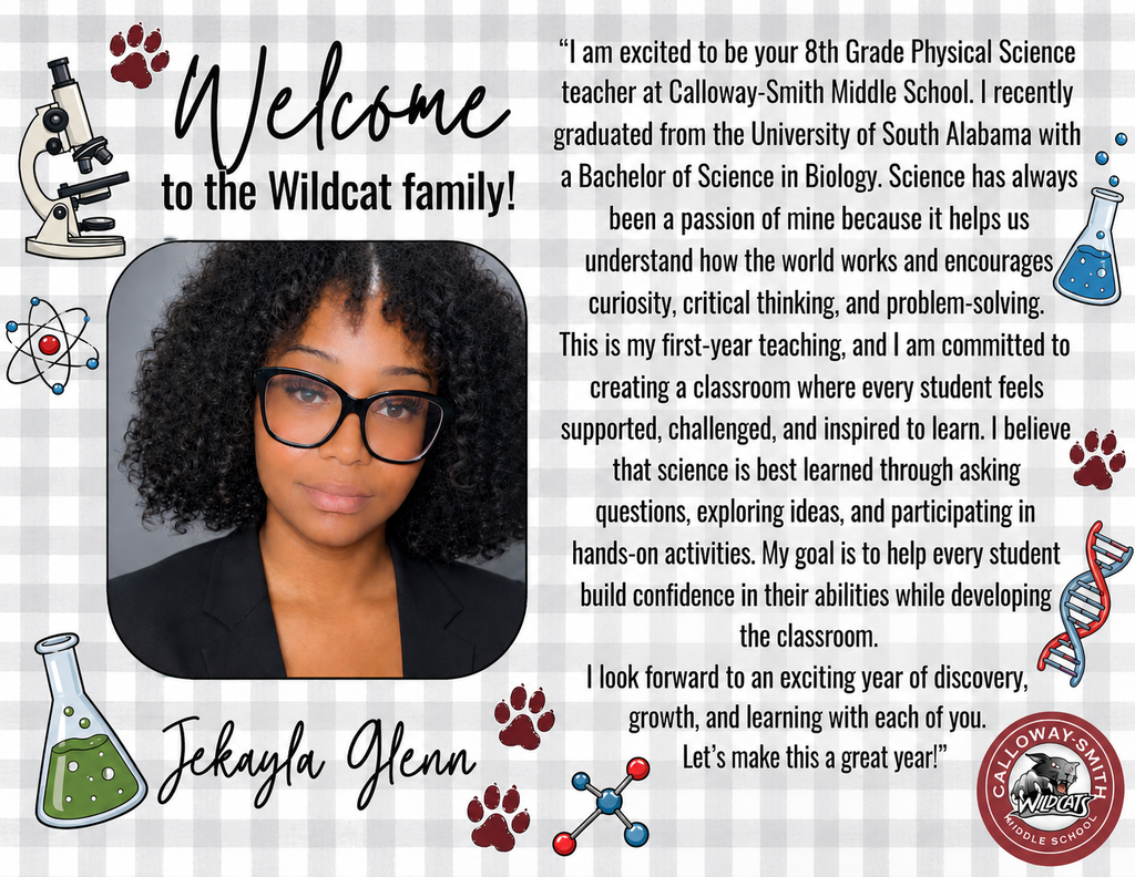 A person with curly hair and glasses is smiling. Text reads, "Welcome to the Wildcat family!" Science-related symbols and paw prints surround the image.