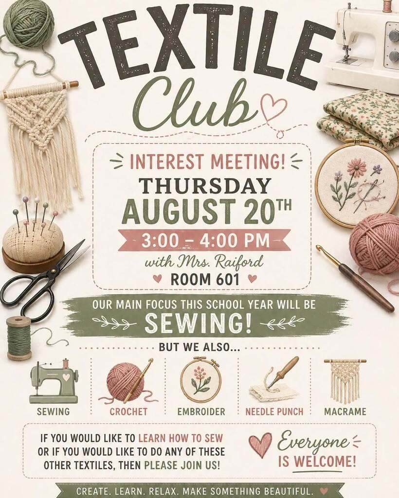 Textile Club Interest Meeting - Thursday, August 20 - 3:00-4:00