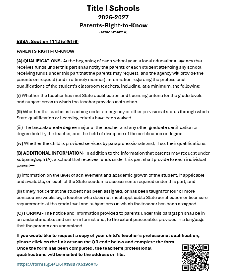A document titled "Title I Schools 2026-2027 Parent Right-to-Know" from the U.S. Department of Education outlines the qualifications of teachers and the information to be provided to parents.