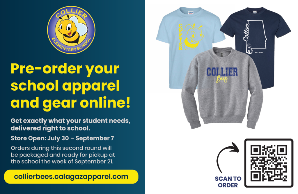Advertisement with a logo and three shirts: blue, yellow, and gray. A QR code is present. Text reads: "Pre-order your school apparel and gear online!"