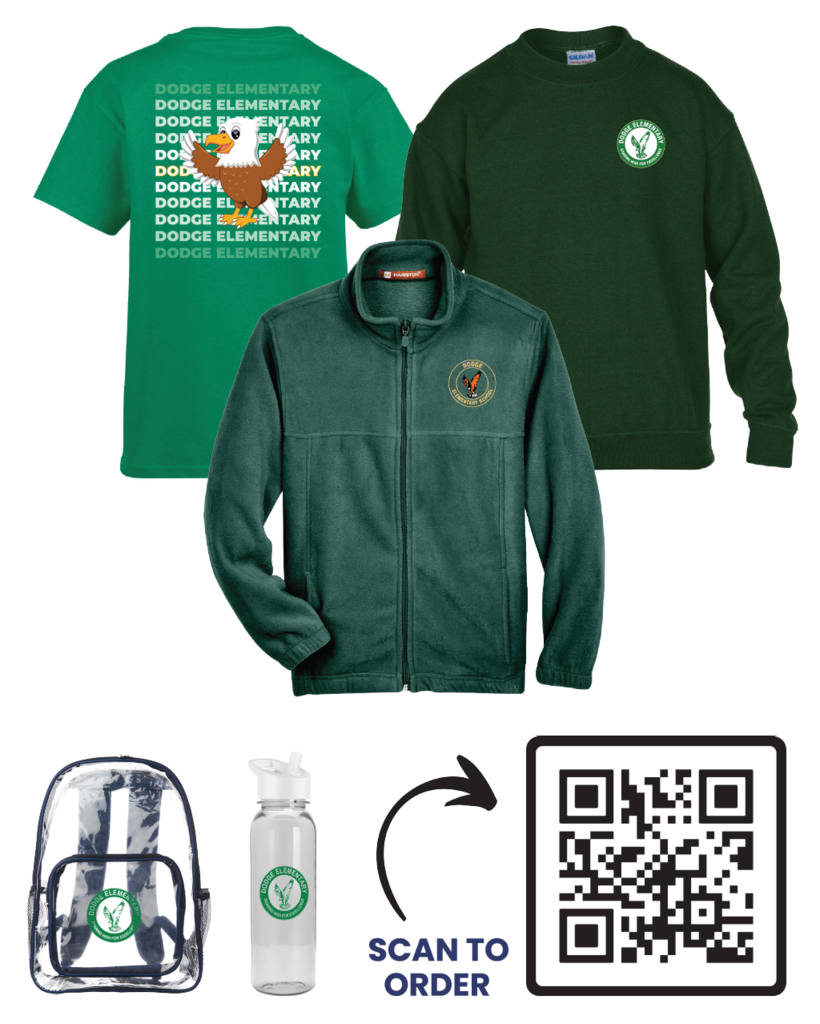 Three items: green jacket, green shirt with eagle graphic, and clear backpack. A QR code is included for ordering.