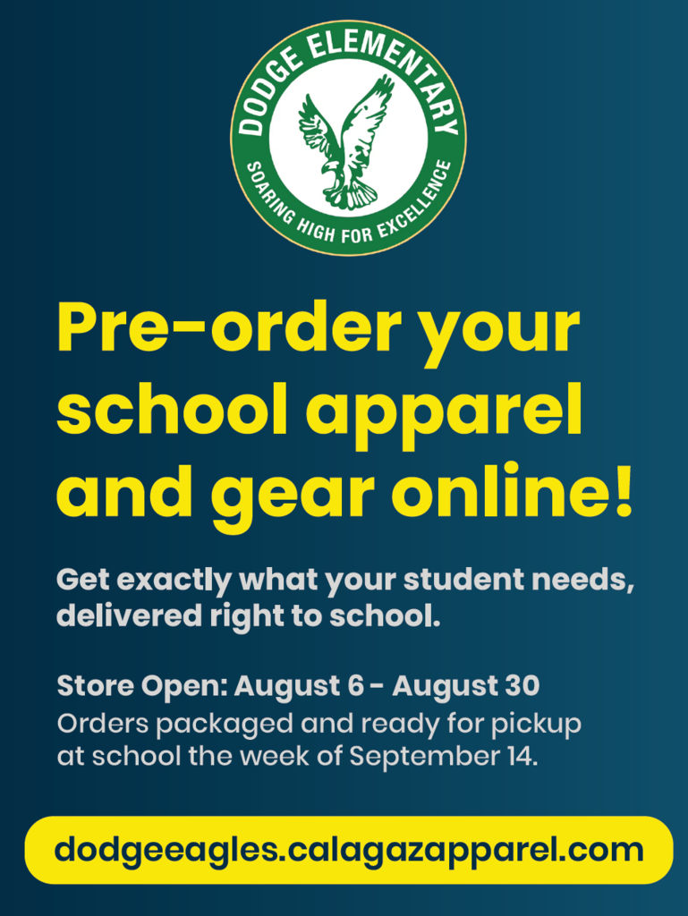 Blue background with a logo featuring a bird. Text reads: "Pre-order your school apparel and gear online!". Below is additional information about the store hours and pickup details.