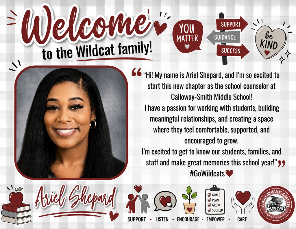 A poster featuring a smiling woman with a quote from Ariel Shepard, a school counselor. Icons include a heart, book, and plant.