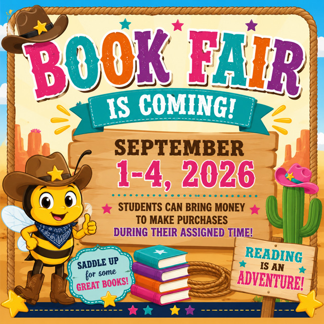 Advertisement for a book fair with a bee in a cowboy hat, books, and a cactus.