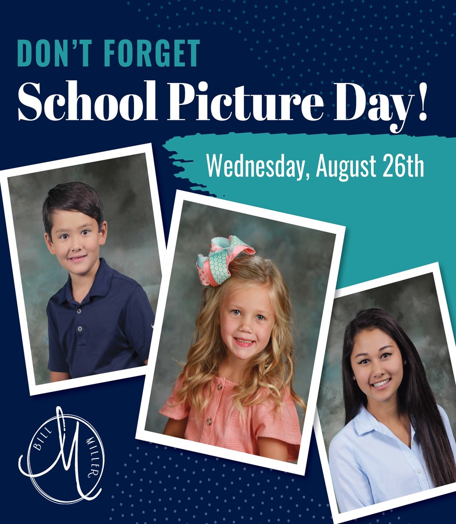 Three photos of children with "Don't Forget School Picture Day!" text. Photos include a boy, a girl with a bow, and another girl.