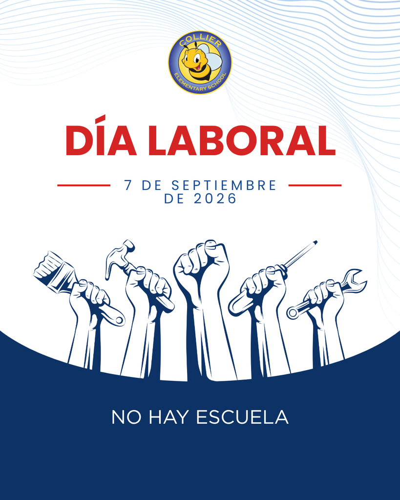 Blue and white banner with a logo, text "Día Laboral 7 de Septiembre de 2026," and illustration of hands holding tools.