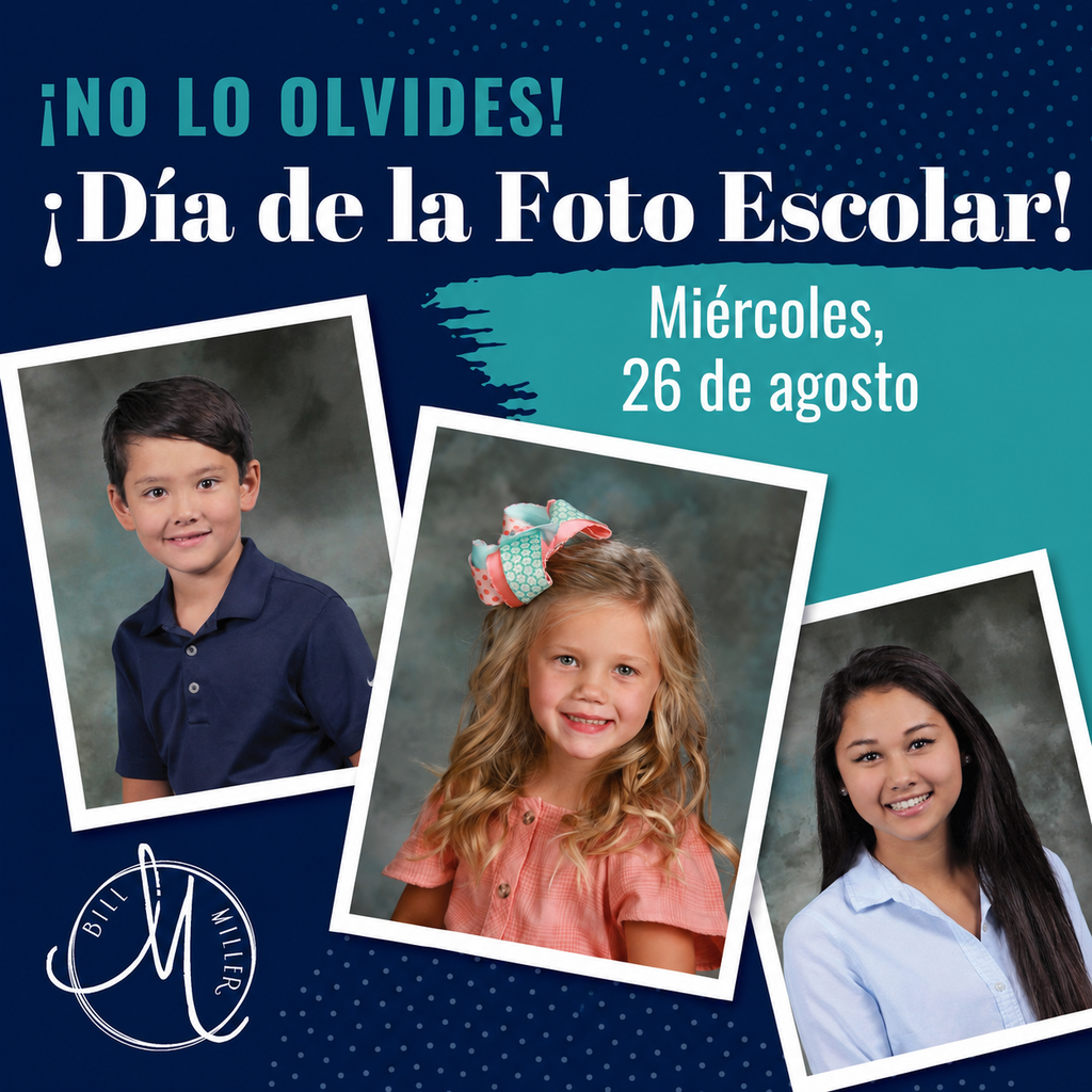 An advertisement for school photos features three children: a boy, a girl, and a young woman.