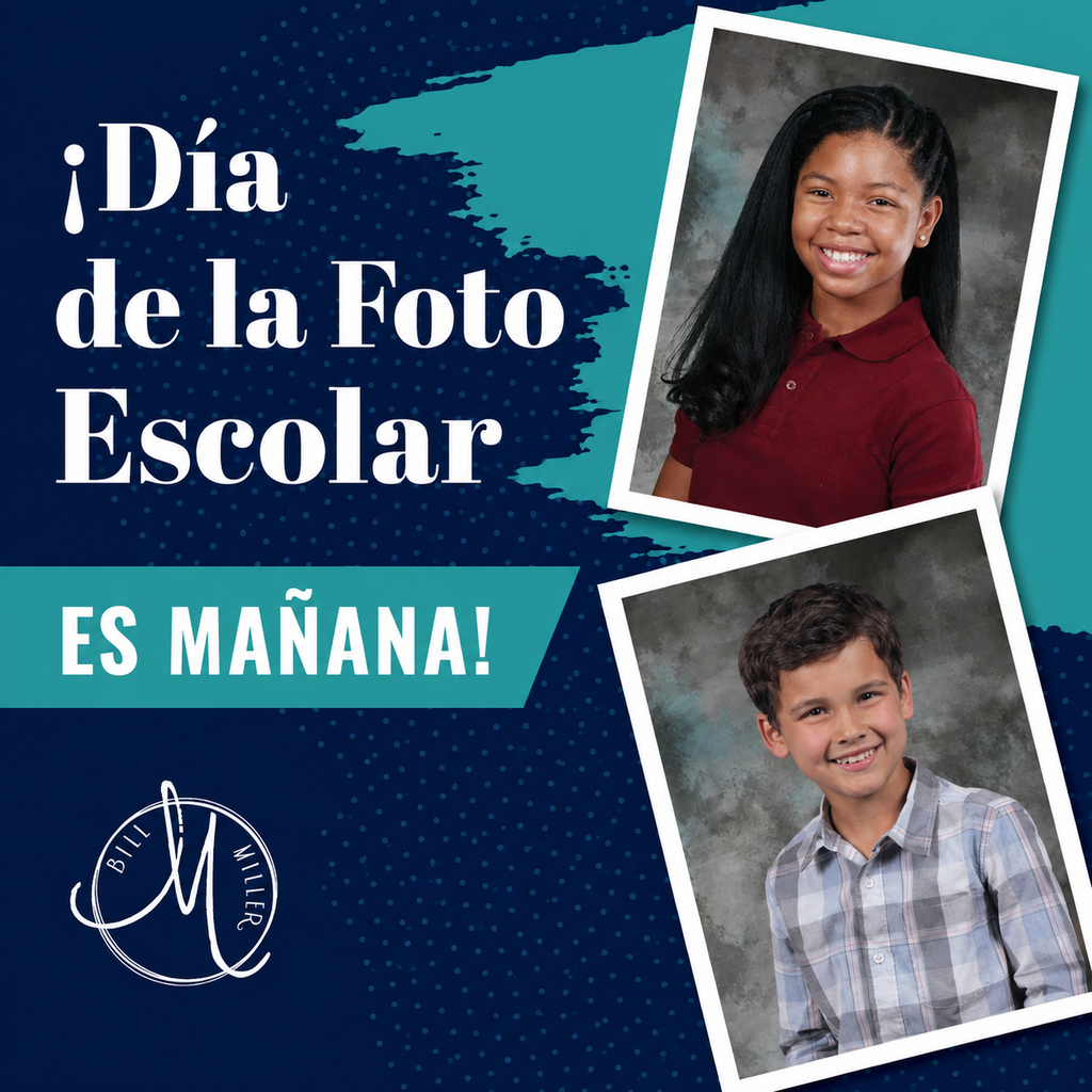 Poster with blue background, white text, and two photos. Photos show smiling student in red top and boy in checkered shirt.