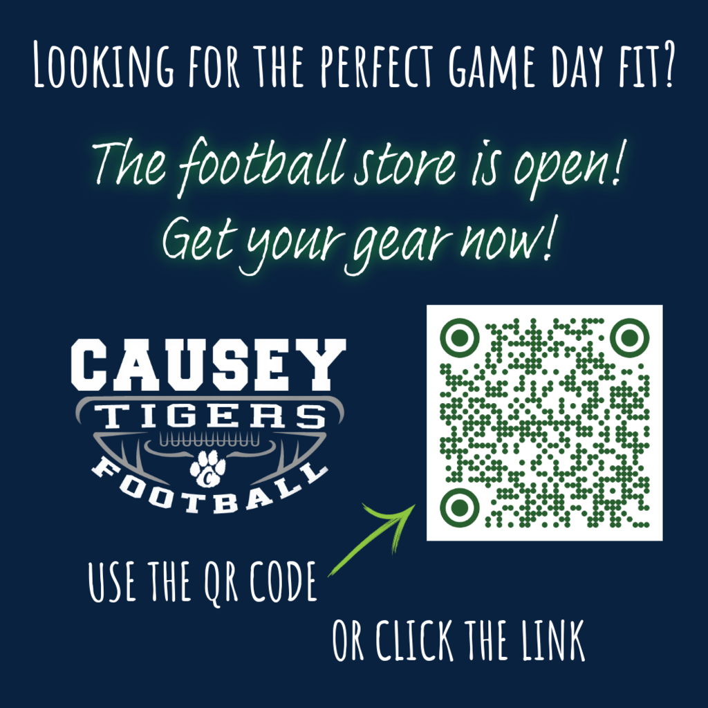 Blue background with text inviting users to visit the football store. A Causey Tigers logo appears, with a QR code next to it.