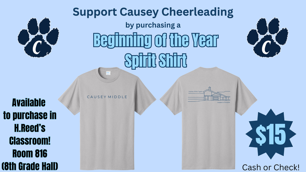 Two spirit shirts with a building design. Text reads: Support Causey Cheerleading by purchasing a Beginning of the Year Spirit Shirt.