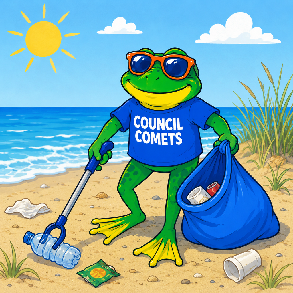 Council Comet, a cartoon green frog wearing sunglasses and a “Council Comets” shirt, cleans up a beach by picking up litter with a grabber and placing trash into a blue bag. The sunny beach and ocean are visible in the background.