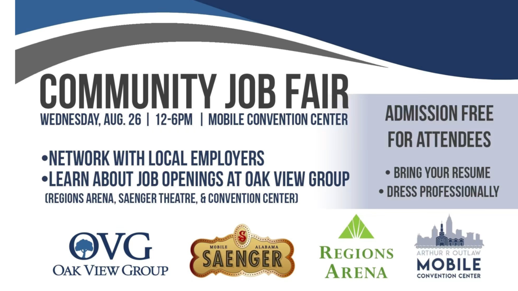 Job fair flyer with blue, white, and red background. Logos for Oak View Group, Saenger, Regions Arena, and Mobile Convention Center.