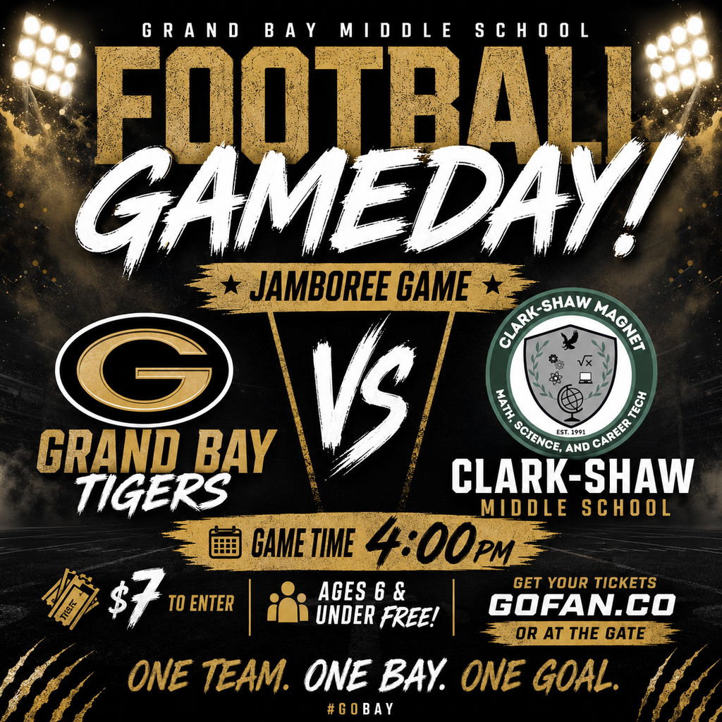 🏈 GAMEDAY AT GRAND BAY! 🏈  The Tigers are back in action today as Grand Bay Middle takes on Clark-Shaw Middle School in a Jamboree Game! 🐯🔥  📅 Today ⏰ Game Time: 4:00 PM 🎟️ Admission: $7 👧 Ages 6 & Under: FREE  🎫 Get your tickets at GoFan.co or purchase them at the gate!  Come out and support our Tigers as we kick off another football season! 🖤💛  ONE TEAM. ONE BAY. ONE GOAL.  #GoBay #GrandBayTigers #Gameday #Football #Jamboree
